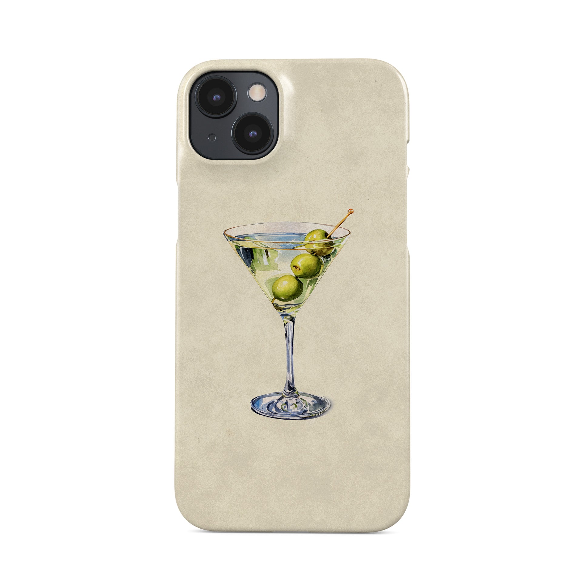 martini protective iphone case with olive cocktail illustration in soft neutral watercolour aesthetic