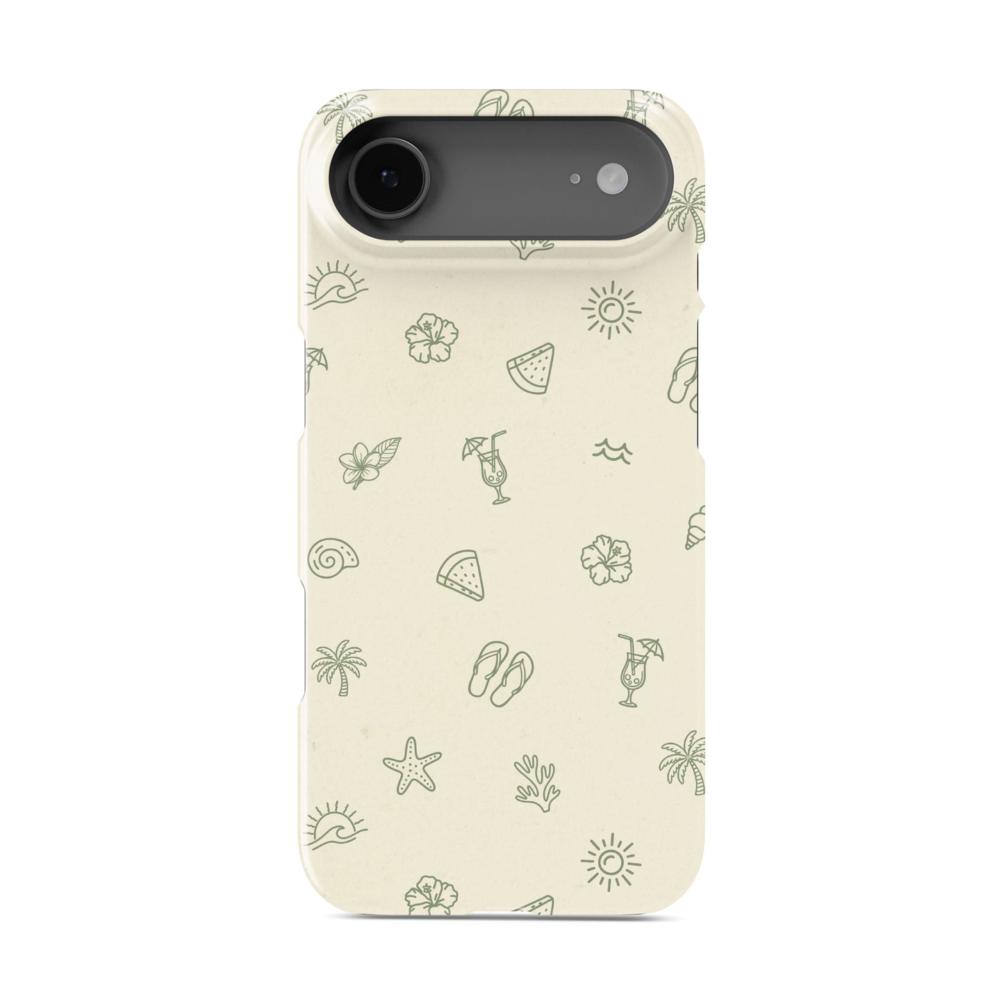 tropical beach phone case with palm trees cocktails shells and sun icons in soft green minimal aesthetic