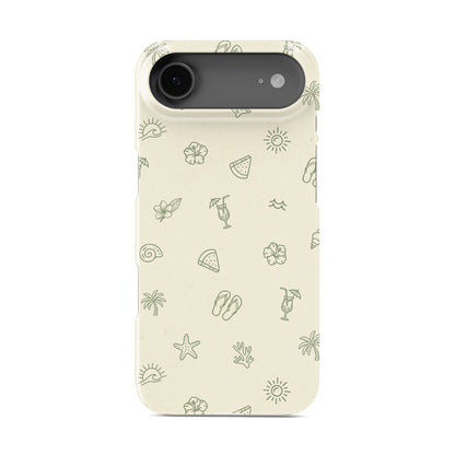 tropical beach phone case with palm trees cocktails shells and sun icons in soft green minimal aesthetic