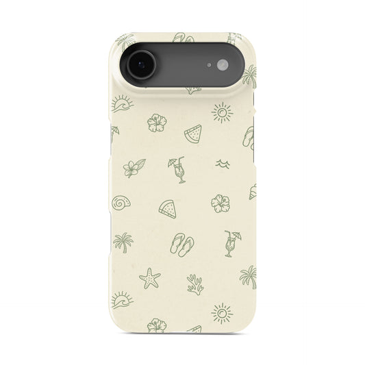tropical beach phone case with palm trees cocktails shells and sun icons in soft green minimal aesthetic
