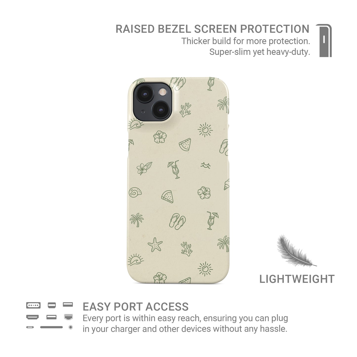 tropical beach phone case with palm trees cocktails shells and sun icons in soft green minimal aesthetic