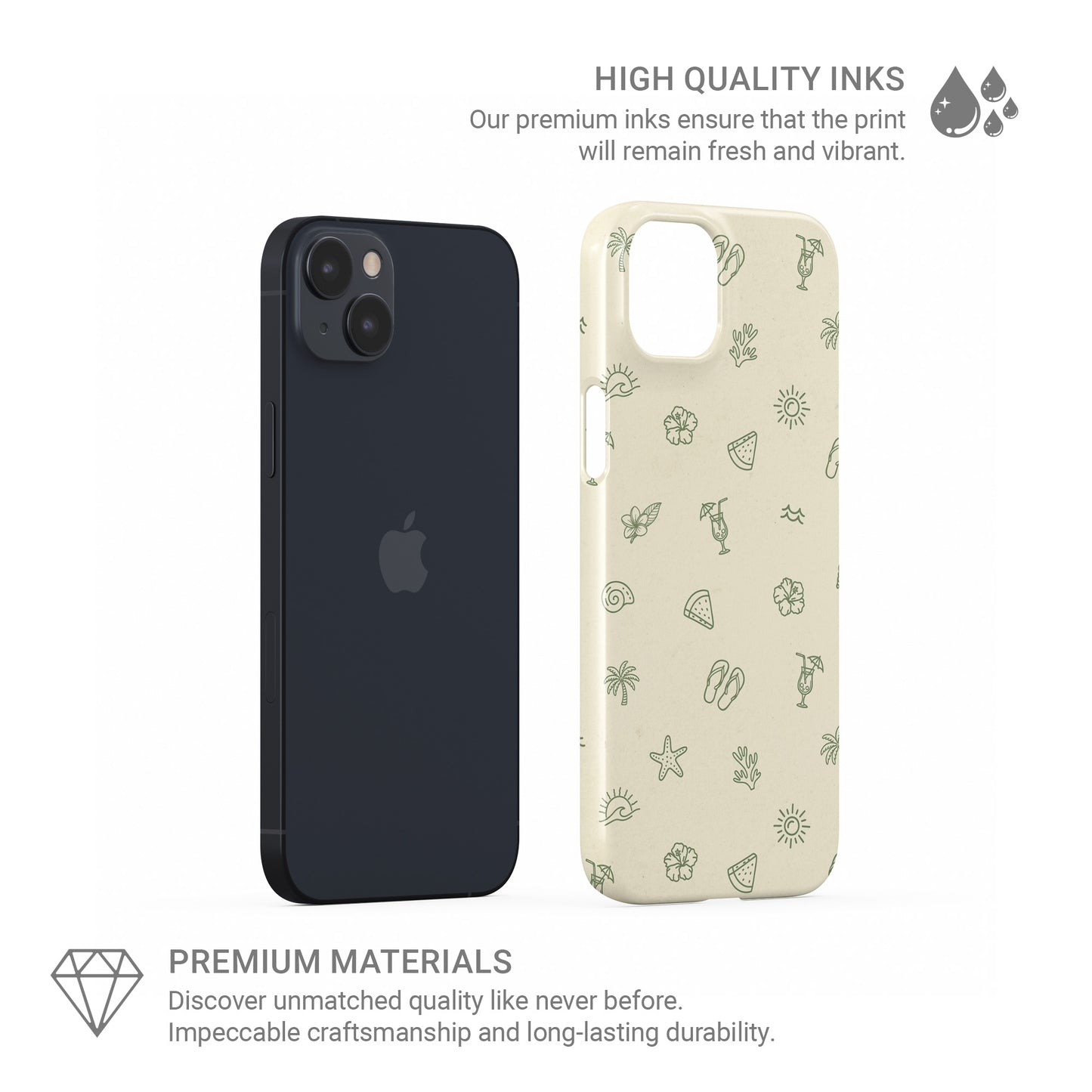 tropical beach phone case with palm trees cocktails shells and sun icons in soft green minimal aesthetic