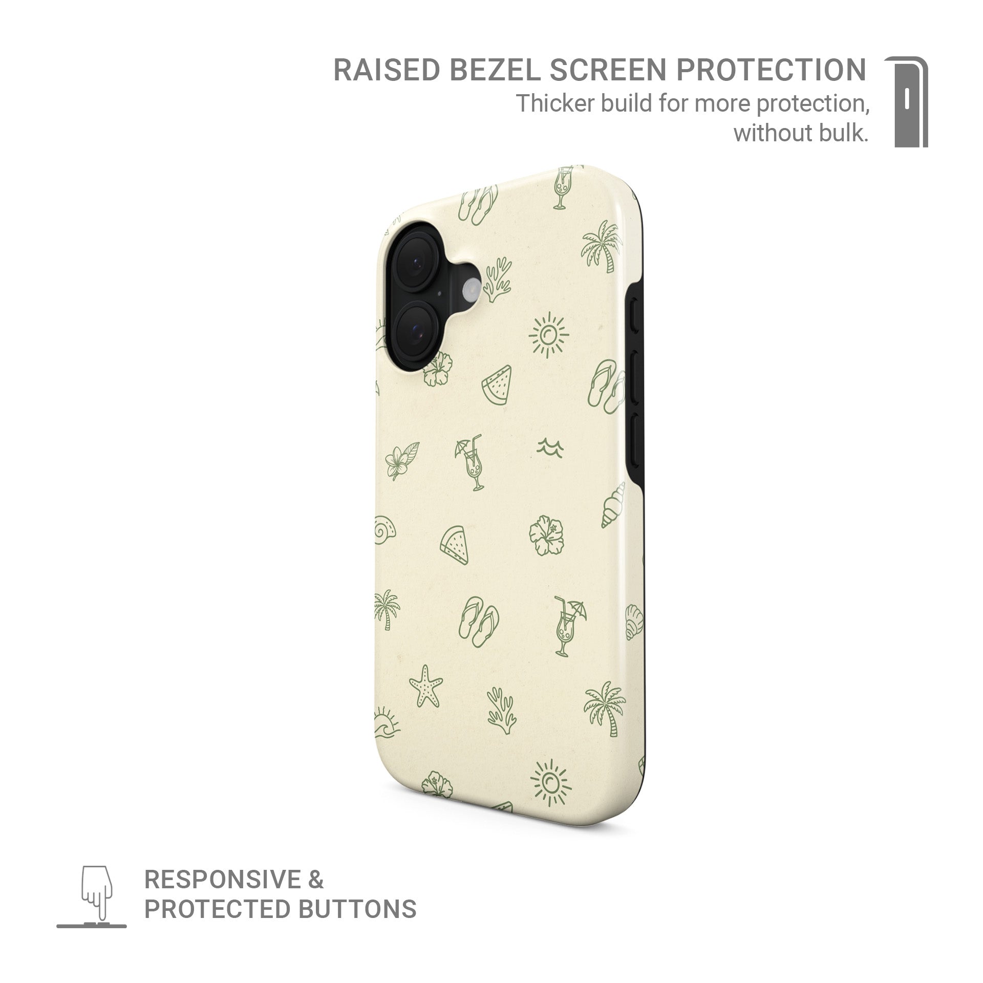 beach aesthetic protective dual layer phone case with palm trees, cocktails and summer icons in soft green on neutral background