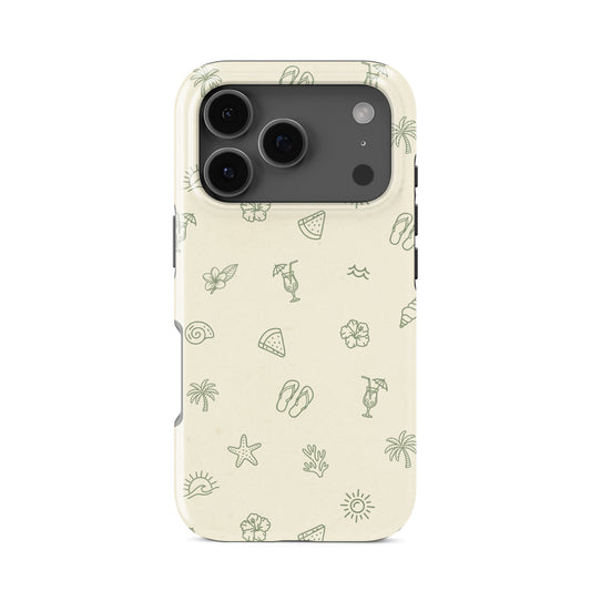 beach aesthetic protective dual layer phone case with palm trees, cocktails and summer icons in soft green on neutral background