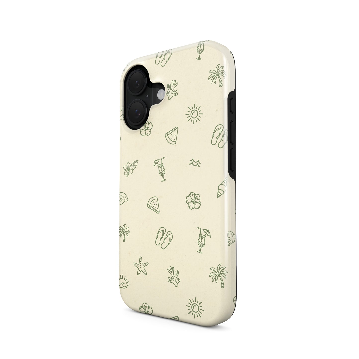 beach aesthetic protective dual layer phone case with palm trees, cocktails and summer icons in soft green on neutral background