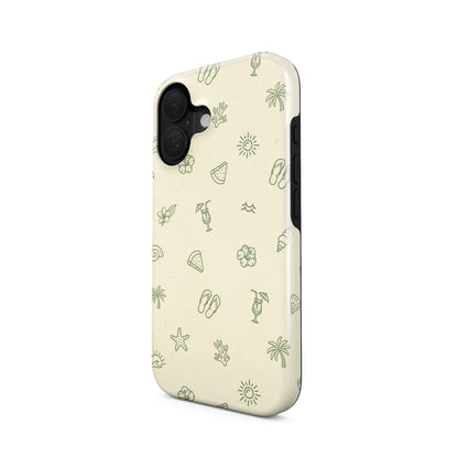 beach aesthetic protective dual layer phone case with palm trees, cocktails and summer icons in soft green on neutral background