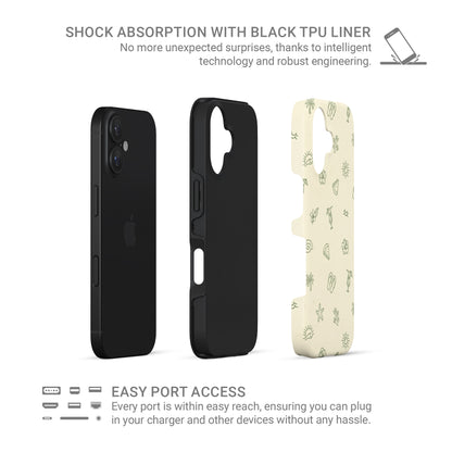 beach aesthetic protective dual layer phone case with palm trees, cocktails and summer icons in soft green on neutral background