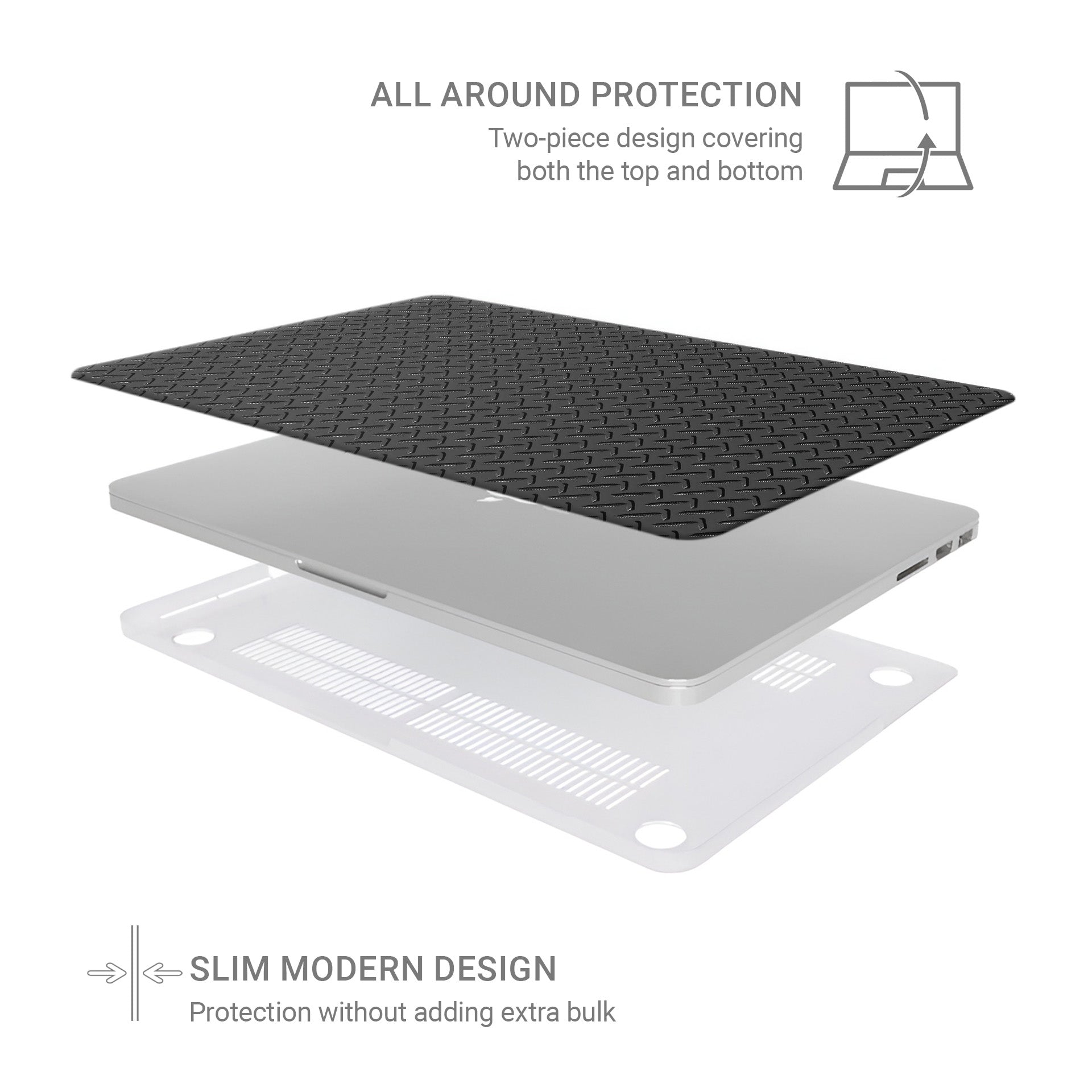 Nightfall Tread MacBook case with dark industrial tread pattern and slim matte hard shell design