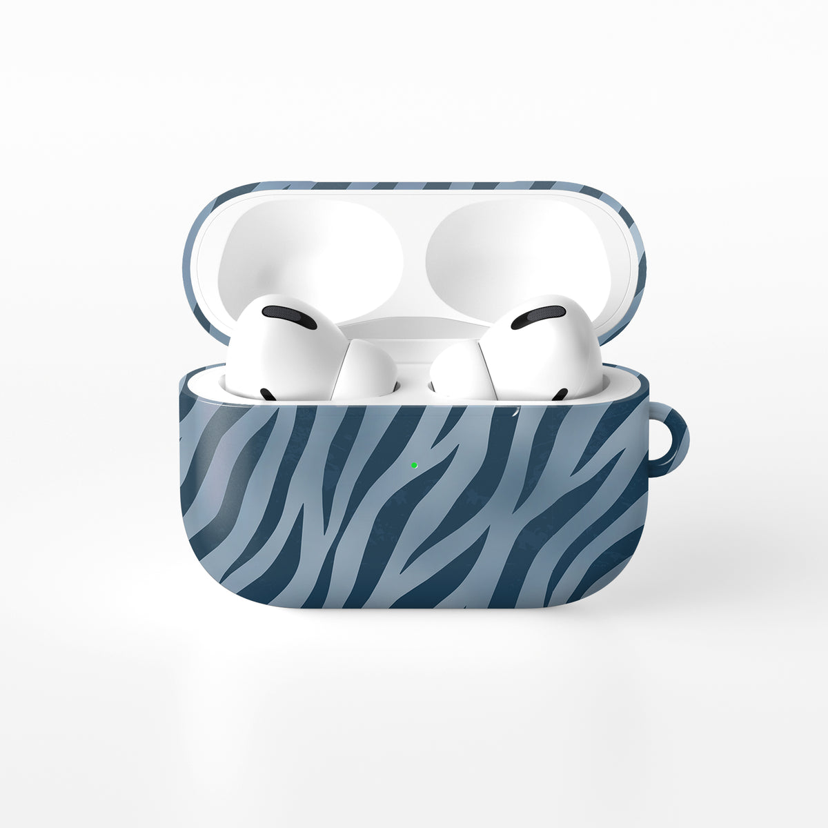Skylark Canter AirPods Case with deep blue zebra stripes on powder blue from the Wild Atelier collection.