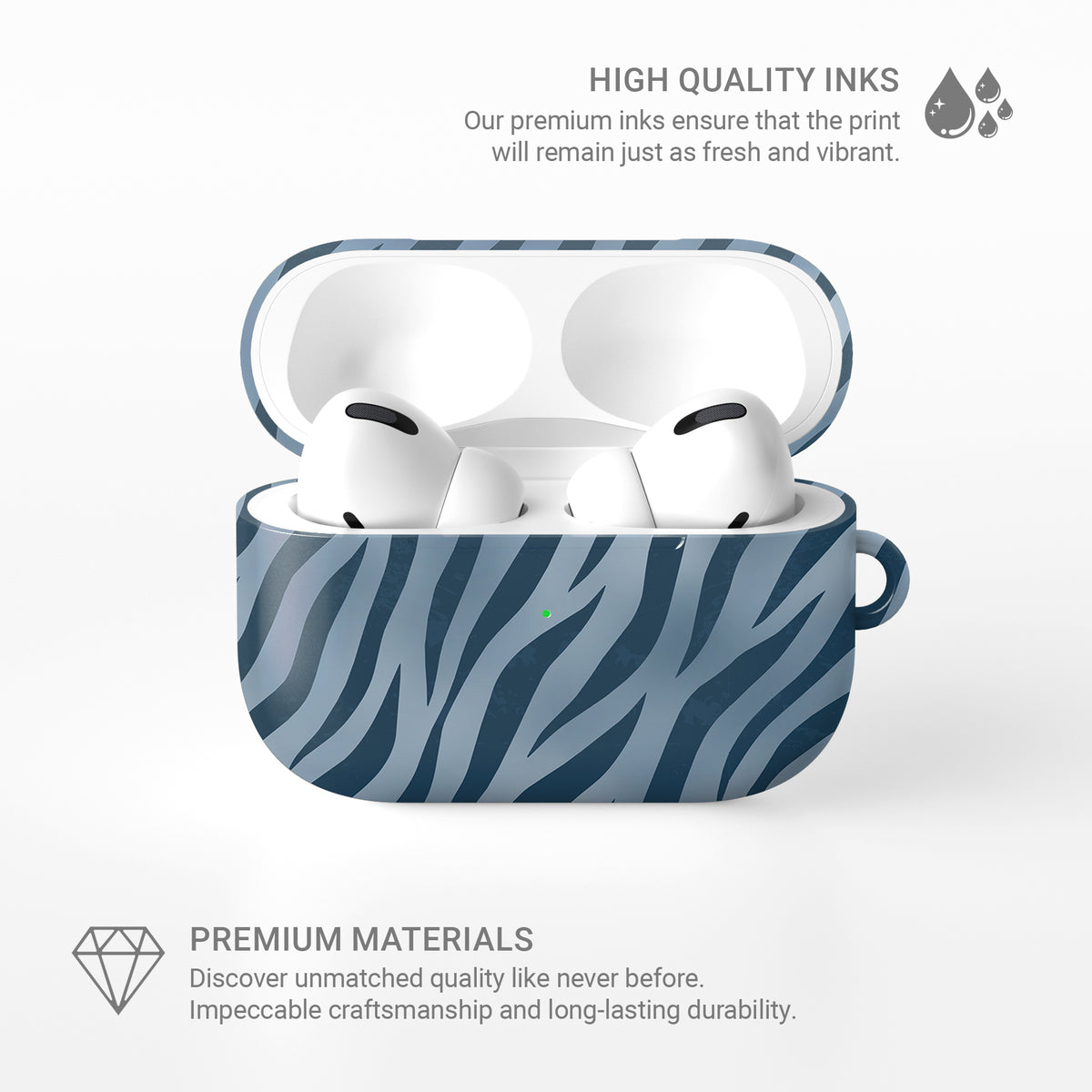 Skylark Canter AirPods Case with deep blue zebra stripes on powder blue from the Wild Atelier collection.