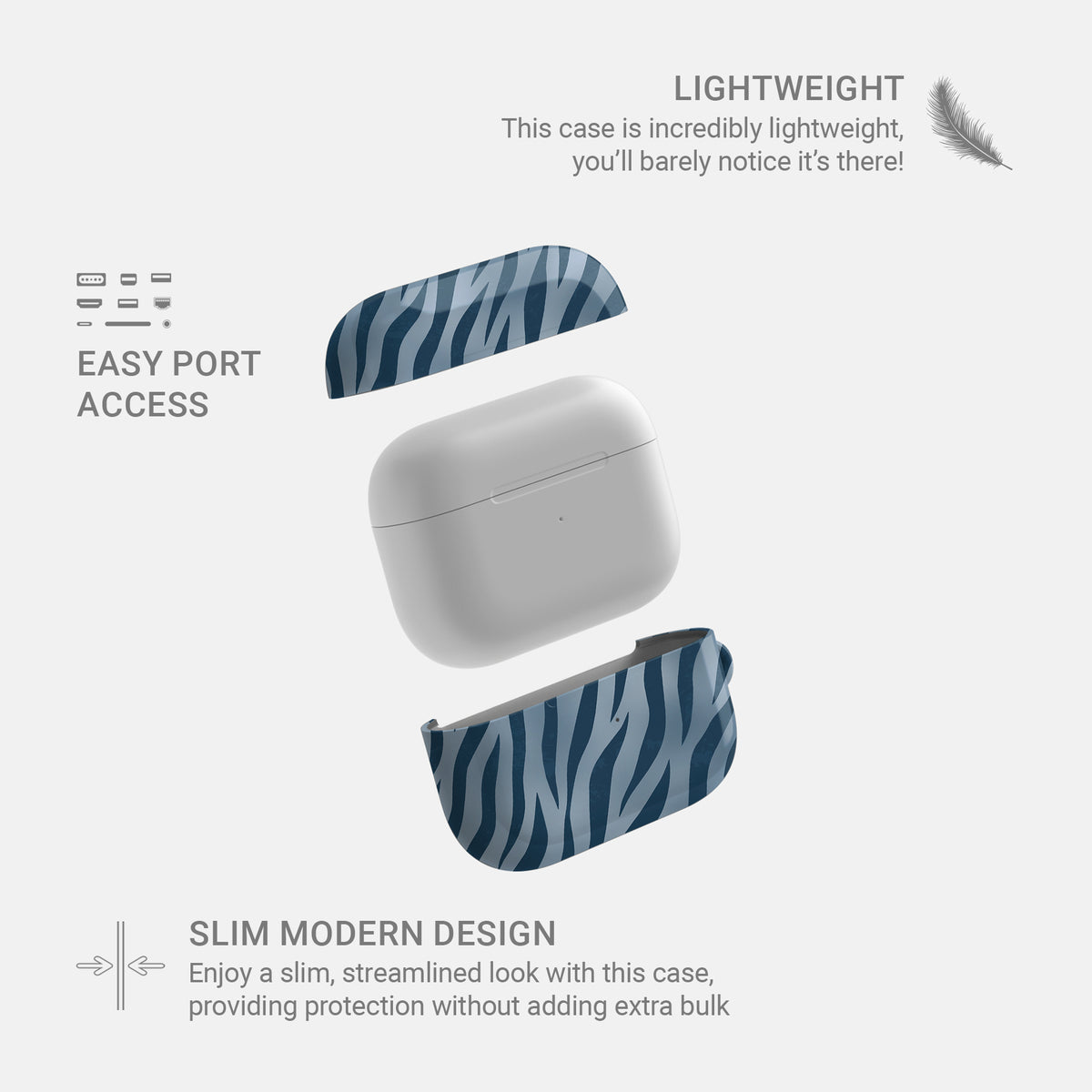 Skylark Canter AirPods Case with deep blue zebra stripes on powder blue from the Wild Atelier collection.