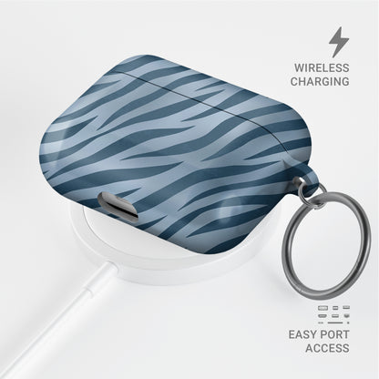 Skylark Canter AirPods Case with deep blue zebra stripes on powder blue from the Wild Atelier collection.