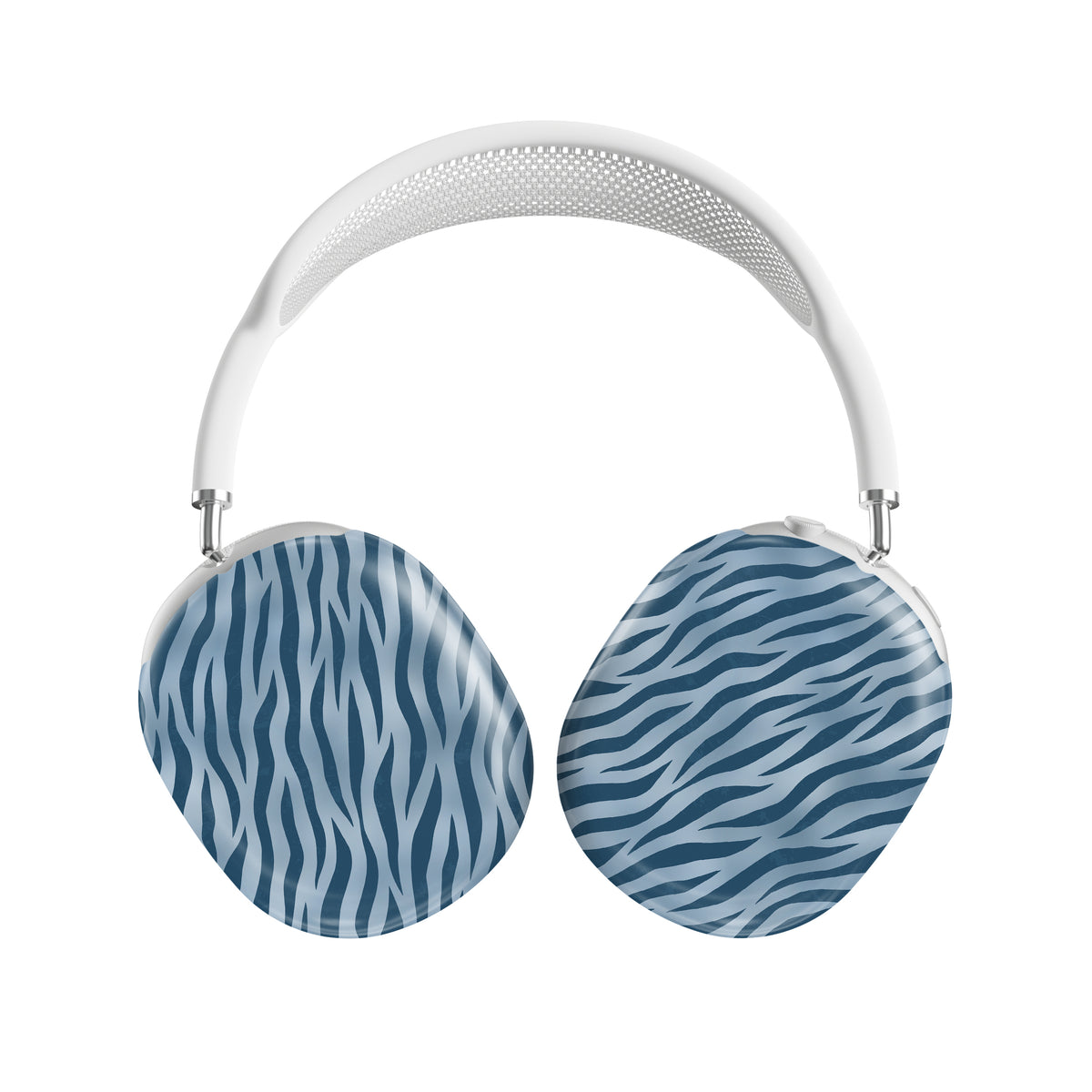 Skylark Canter AirPods Max Covers with deep blue zebra stripes on powder blue from the Wild Atelier collection.