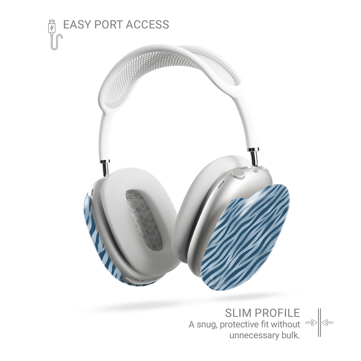 Skylark Canter AirPods Max Covers with deep blue zebra stripes on powder blue from the Wild Atelier collection.