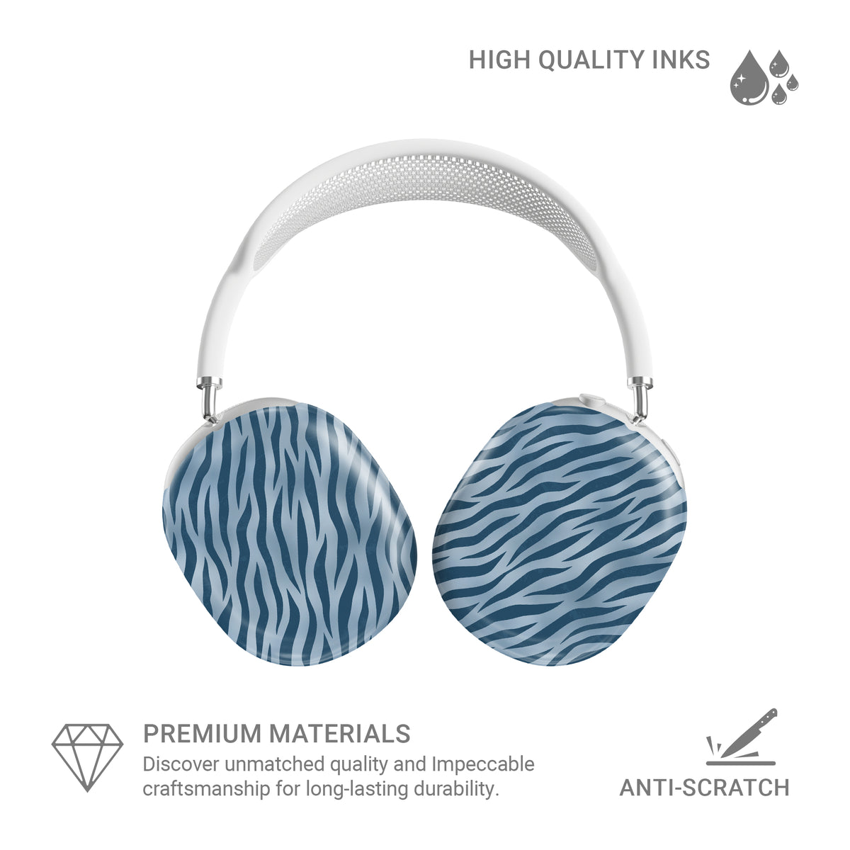 Skylark Canter AirPods Max Covers with deep blue zebra stripes on powder blue from the Wild Atelier collection.