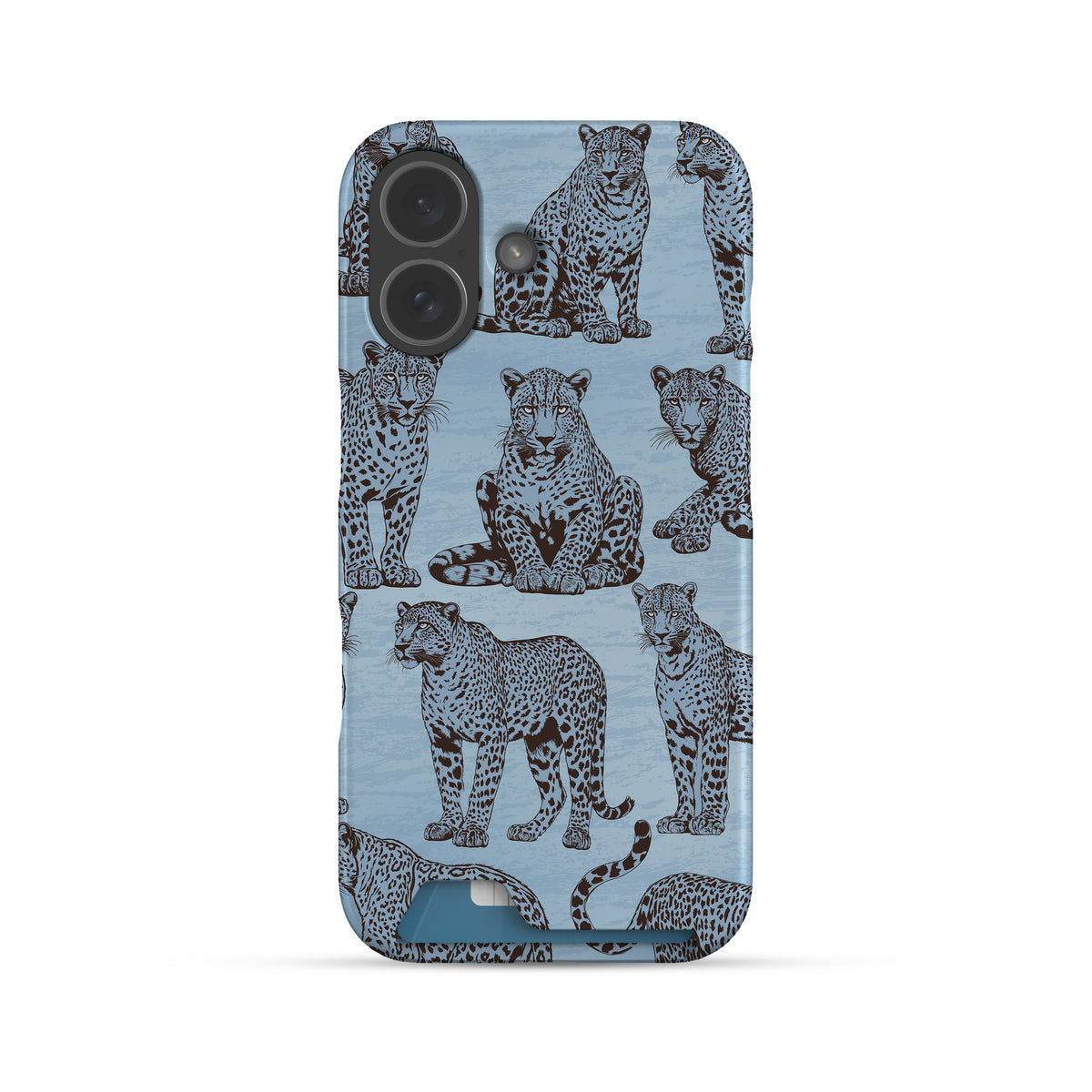 Dappled Darling Card-Holder Case with illustrated chocolate-brown leopards on powder blue from the Wild Atelier collection.
