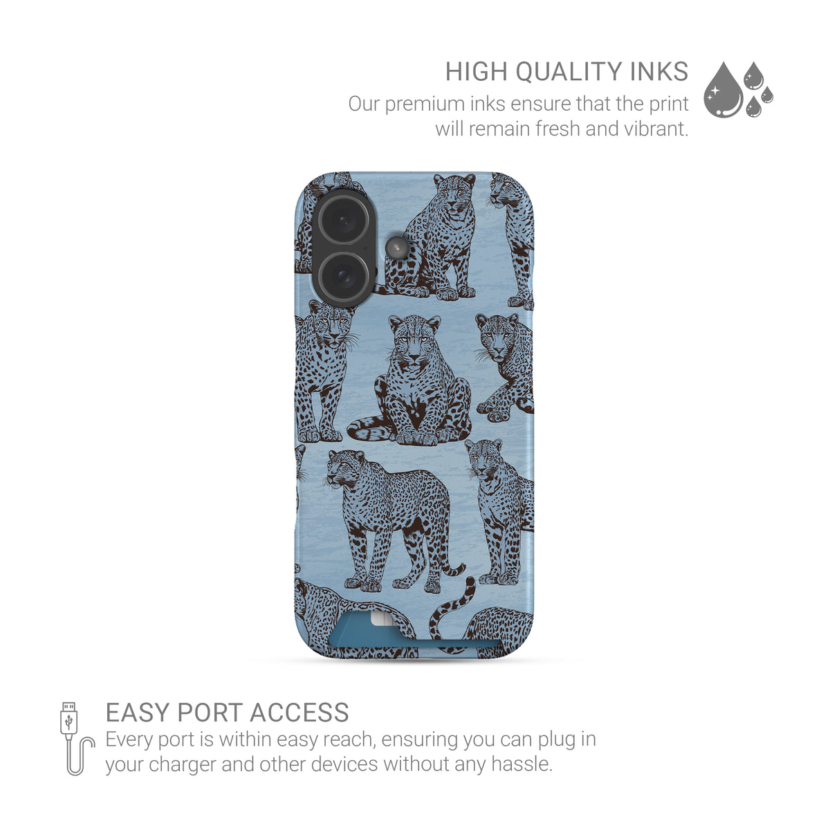 Dappled Darling Card-Holder Case with illustrated chocolate-brown leopards on powder blue from the Wild Atelier collection.
