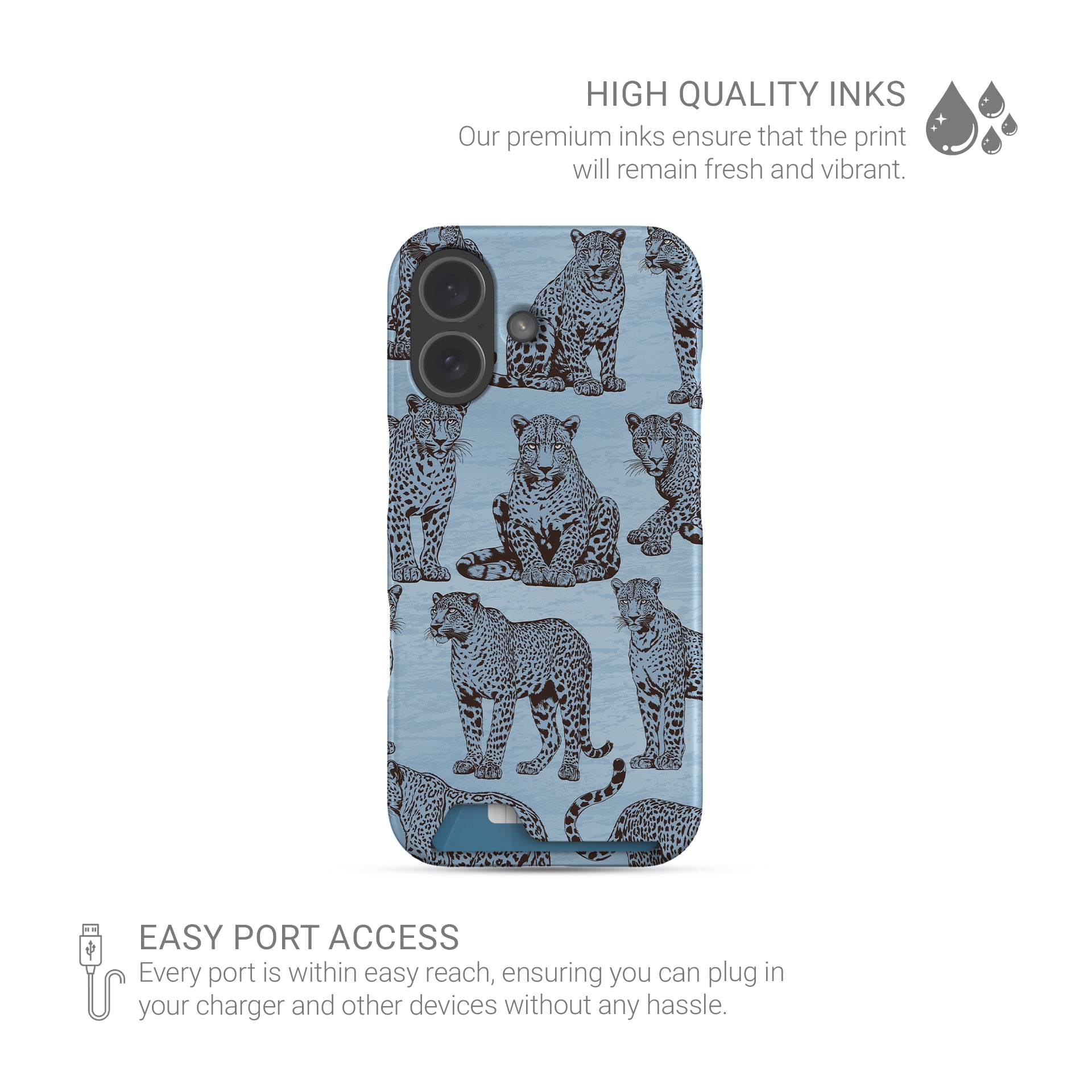Dappled Darling Card-Holder Case with illustrated chocolate-brown leopards on powder blue from the Wild Atelier collection.
