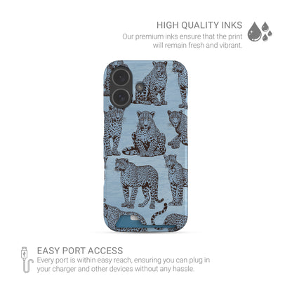 Dappled Darling Card-Holder Case with illustrated chocolate-brown leopards on powder blue from the Wild Atelier collection.
