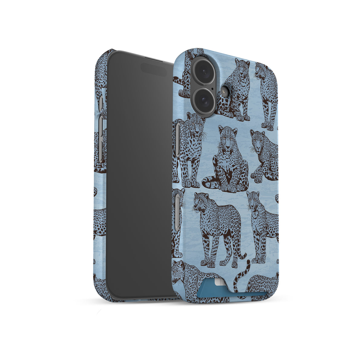 Dappled Darling Card-Holder Case with illustrated chocolate-brown leopards on powder blue from the Wild Atelier collection.
