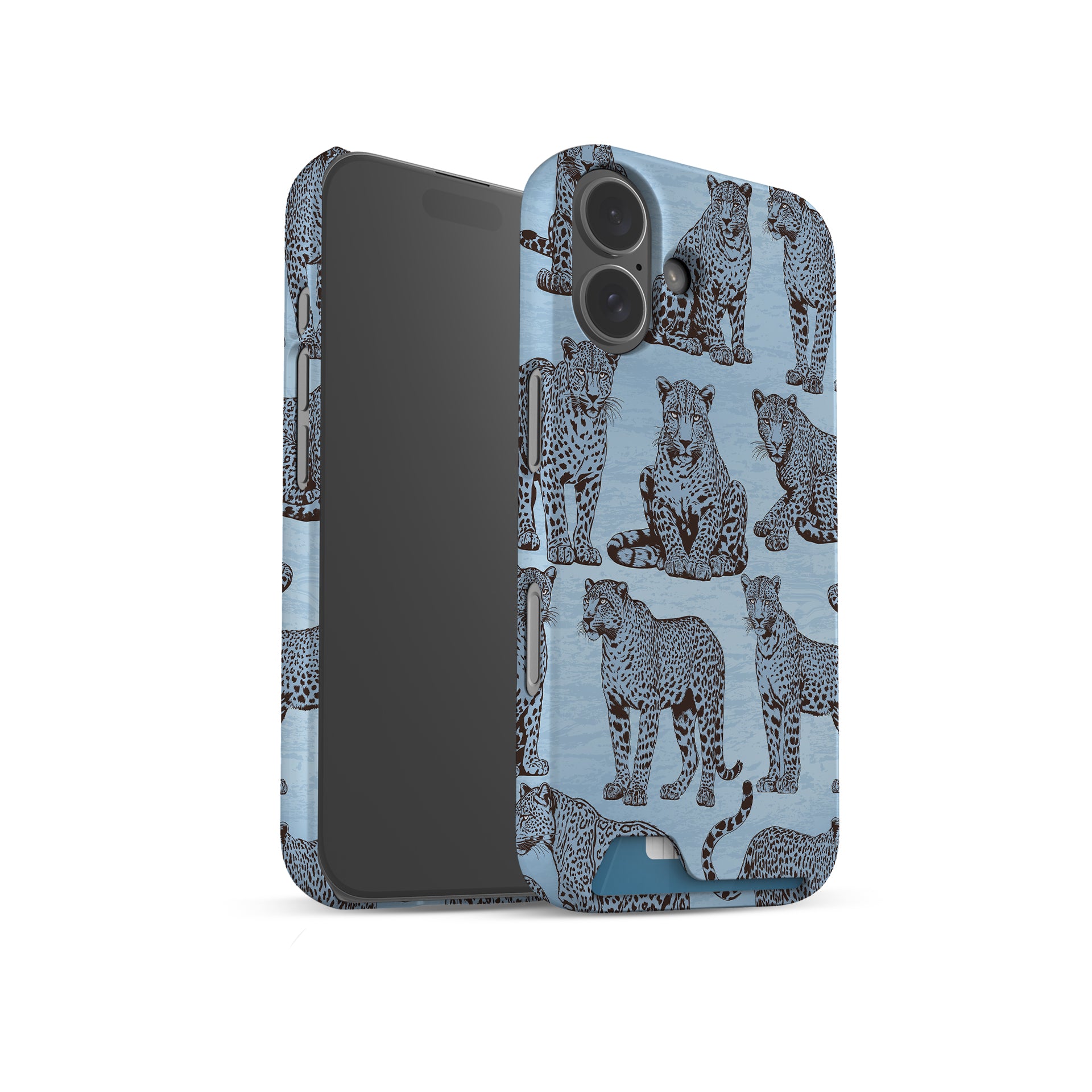 Dappled Darling Card-Holder Case with illustrated chocolate-brown leopards on powder blue from the Wild Atelier collection.

