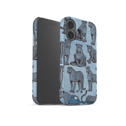 Dappled Darling Card-Holder Case with illustrated chocolate-brown leopards on powder blue from the Wild Atelier collection.
