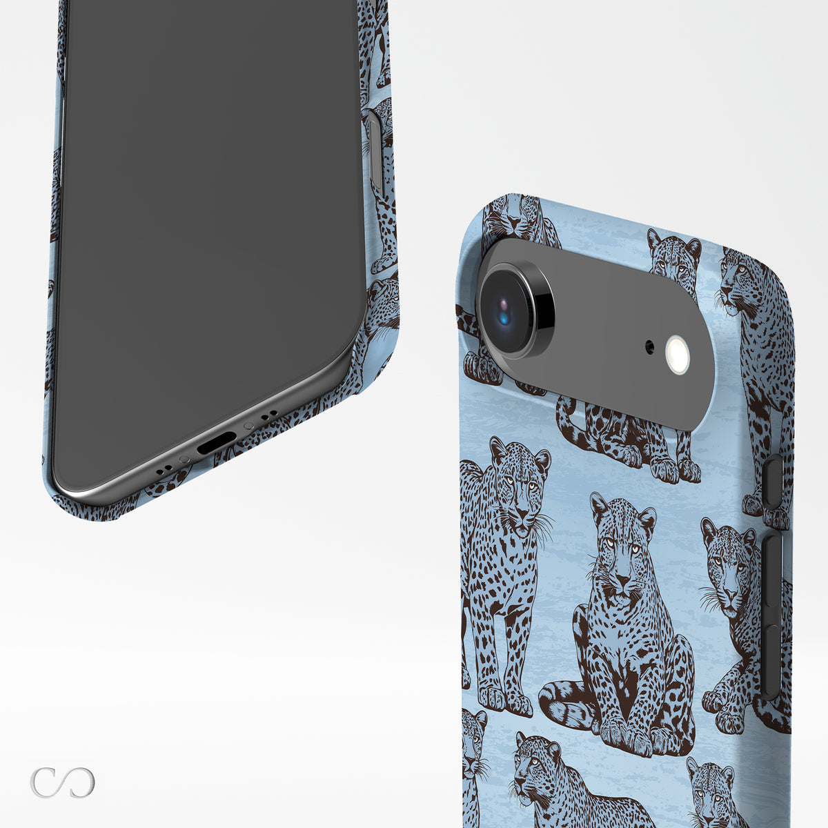 Dappled Darling Card-Holder Case with illustrated chocolate-brown leopards on powder blue from the Wild Atelier collection.

