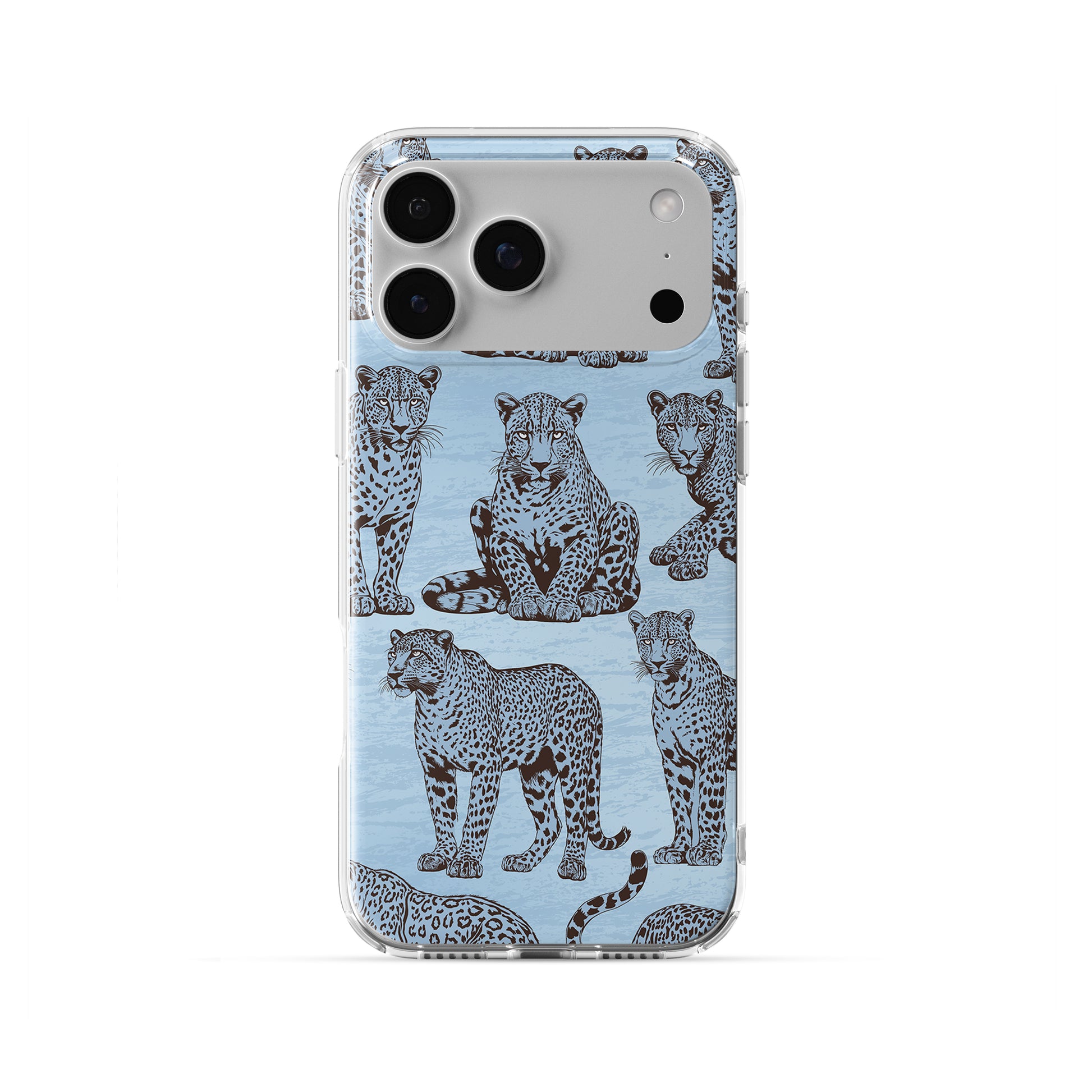 Dappled Darling TPU Clear Case with illustrated chocolate-brown leopards on powder blue from the Wild Atelier collection.
