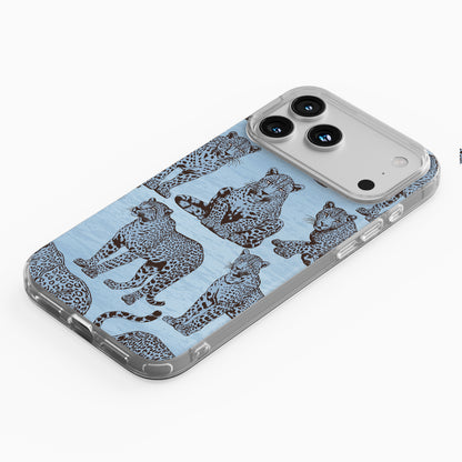 Dappled Darling TPU Clear Case with illustrated chocolate-brown leopards on powder blue from the Wild Atelier collection.

