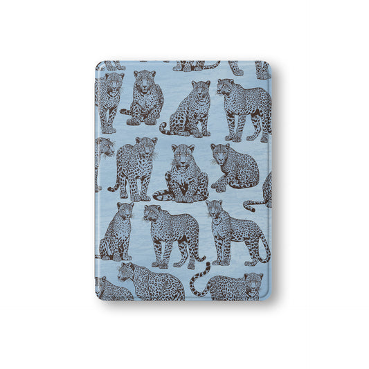 Dappled Darling iPad Folio Case with illustrated chocolate-brown leopards on powder blue from the Wild Atelier collection.