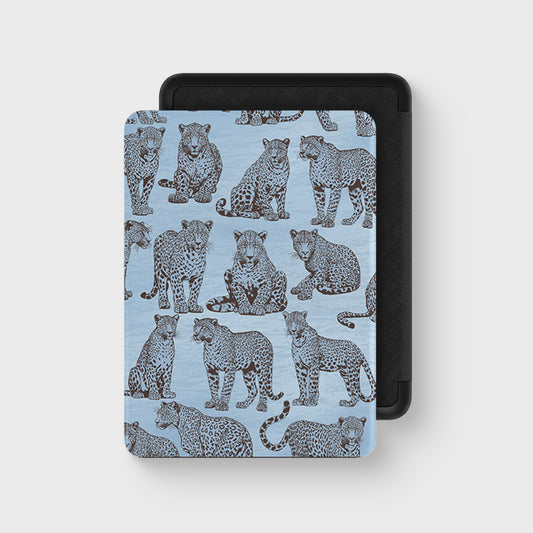 Dappled Darling Kindle Case with illustrated chocolate-brown leopards on powder blue from the Wild Atelier collection.