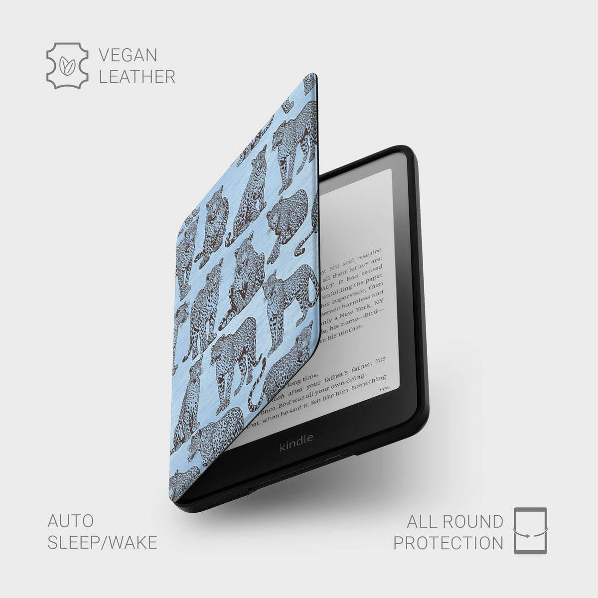 Dappled Darling Kindle Case with illustrated chocolate-brown leopards on powder blue from the Wild Atelier collection.