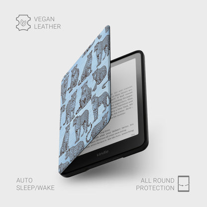 Dappled Darling Kindle Case with illustrated chocolate-brown leopards on powder blue from the Wild Atelier collection.