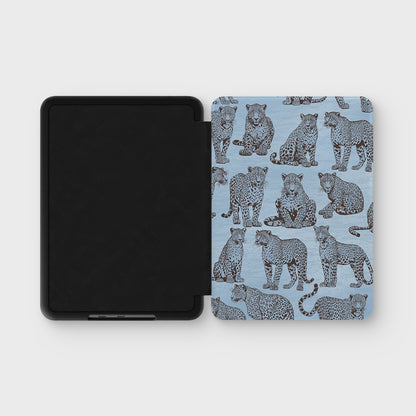Dappled Darling Kindle Case with illustrated chocolate-brown leopards on powder blue from the Wild Atelier collection.