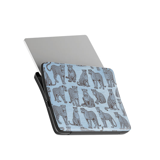 Dappled Darling Laptop Sleeve with illustrated chocolate-brown leopards on powder blue from the Wild Atelier collection.