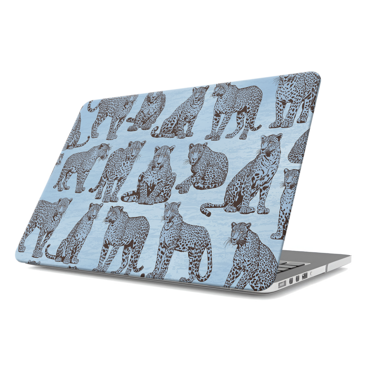 Dappled Darling MacBook Case with illustrated chocolate-brown leopards on powder blue from the Wild Atelier collection.