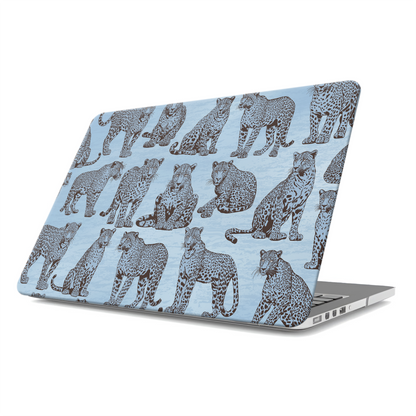 Dappled Darling MacBook Case with illustrated chocolate-brown leopards on powder blue from the Wild Atelier collection.