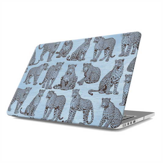 Dappled Darling MacBook Case with illustrated chocolate-brown leopards on powder blue from the Wild Atelier collection.