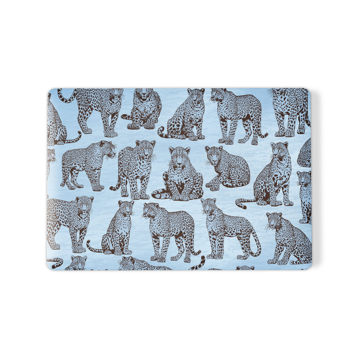 Dappled Darling MacBook Case with illustrated chocolate-brown leopards on powder blue from the Wild Atelier collection.
