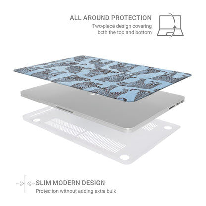 Dappled Darling MacBook Case with illustrated chocolate-brown leopards on powder blue from the Wild Atelier collection.