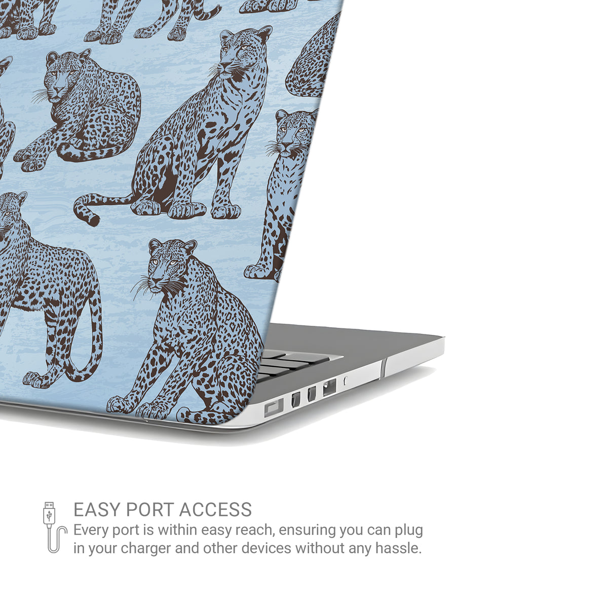Dappled Darling MacBook Case with illustrated chocolate-brown leopards on powder blue from the Wild Atelier collection.