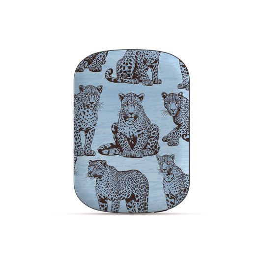Dappled Darling Power Bank Shell with illustrated chocolate-brown leopards on powder blue from the Wild Atelier collection.