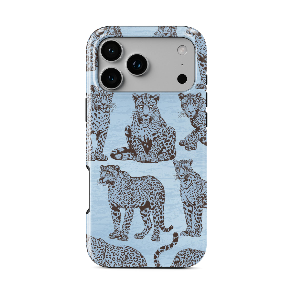 Dappled Darling MagSafe Tough Phone Case with illustrated chocolate-brown leopards on powder blue from the Wild Atelier collection.
