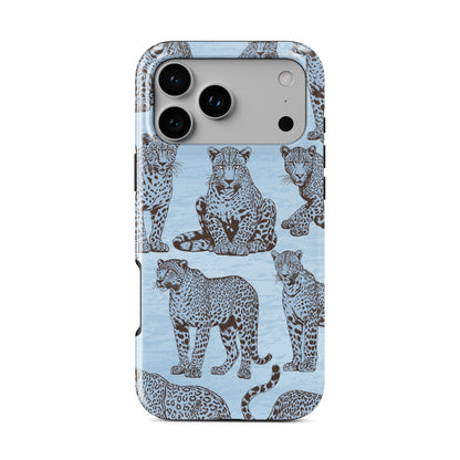 Dappled Darling MagSafe Tough Phone Case with illustrated chocolate-brown leopards on powder blue from the Wild Atelier collection.
