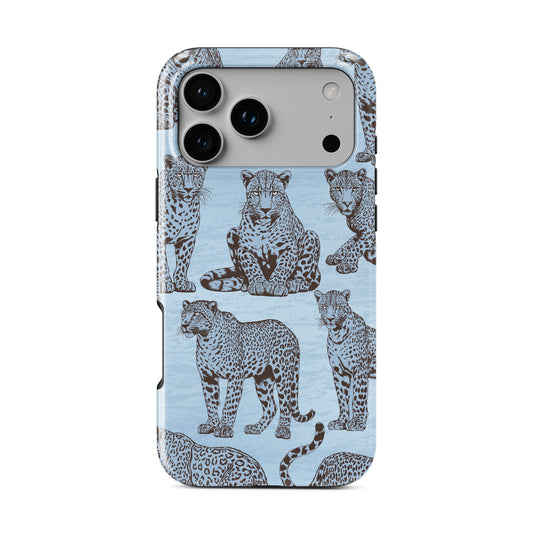 Dappled Darling MagSafe Tough Phone Case with illustrated chocolate-brown leopards on powder blue from the Wild Atelier collection.
