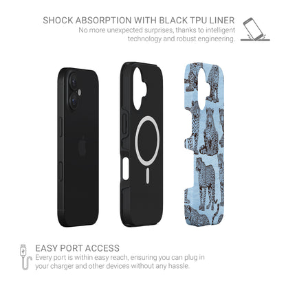 Dappled Darling MagSafe Tough Phone Case with illustrated chocolate-brown leopards on powder blue from the Wild Atelier collection.
