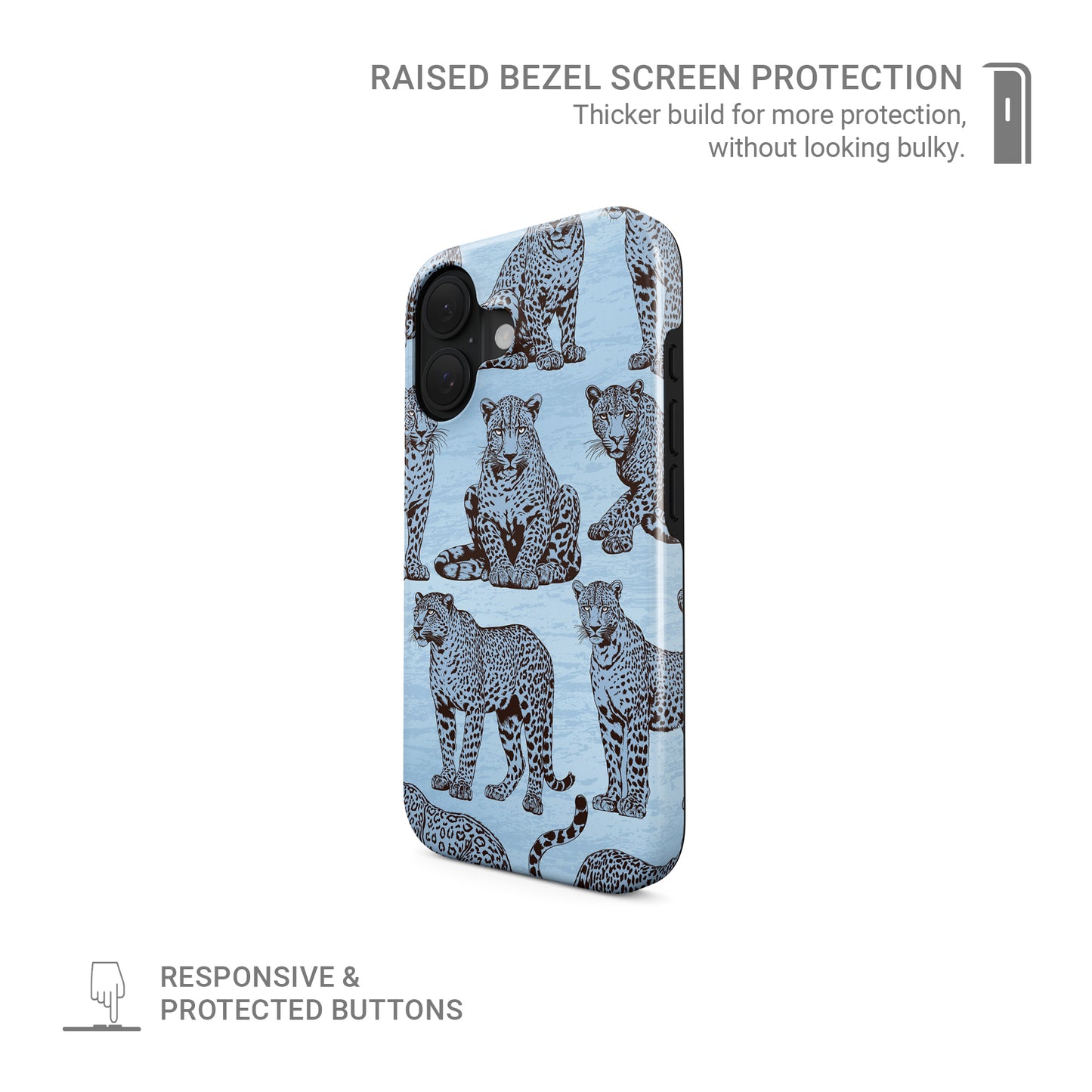 Dappled Darling MagSafe Tough Phone Case with illustrated chocolate-brown leopards on powder blue from the Wild Atelier collection.
