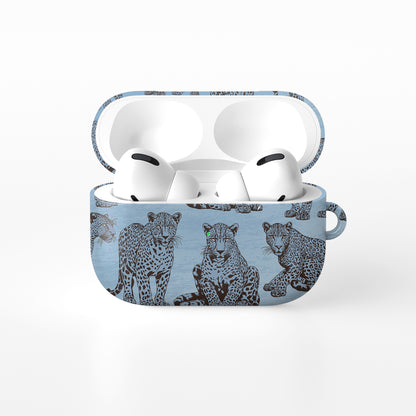 Dappled Darling AirPods Case with illustrated chocolate-brown leopards on powder blue from the Wild Atelier collection.