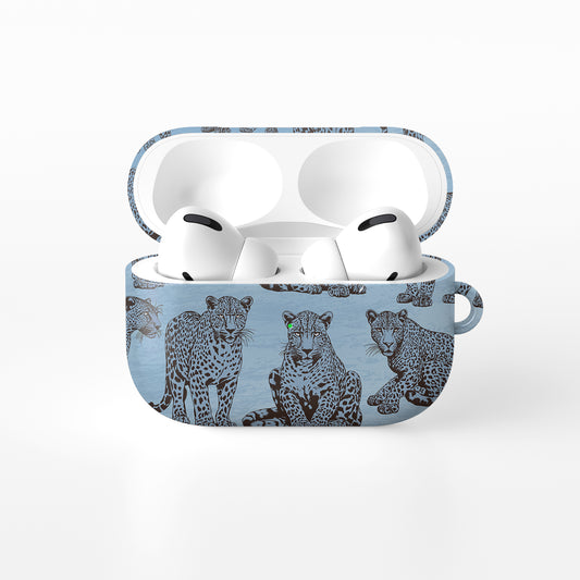 Dappled Darling AirPods Case with illustrated chocolate-brown leopards on powder blue from the Wild Atelier collection.