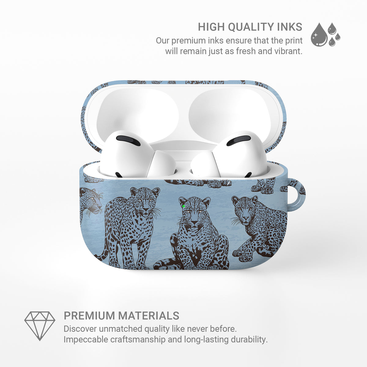 Dappled Darling AirPods Case with illustrated chocolate-brown leopards on powder blue from the Wild Atelier collection.